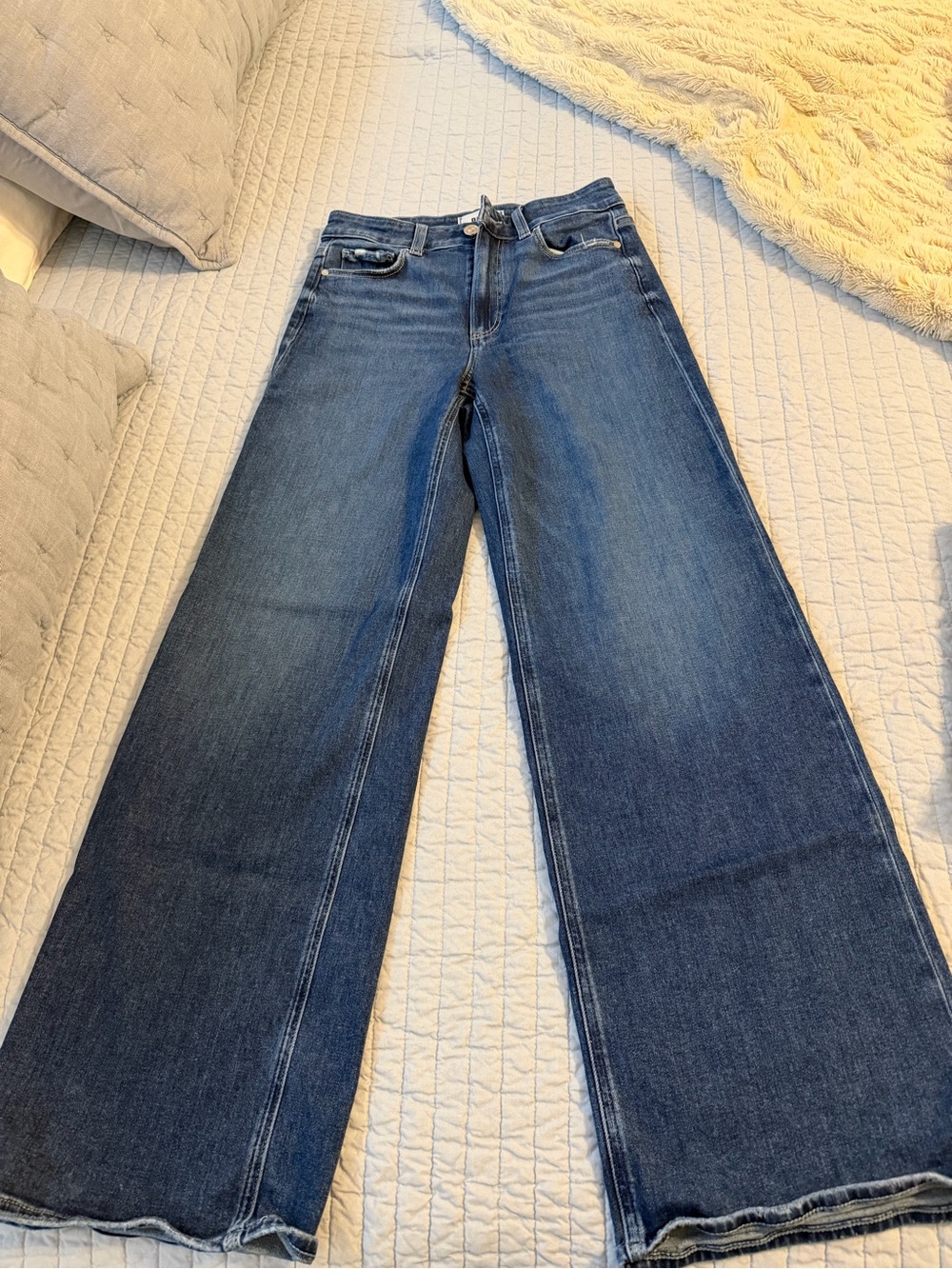 PAIGE Size 26 High Rise Wide Leg Jeans Dark Wash Raw Hem Denim